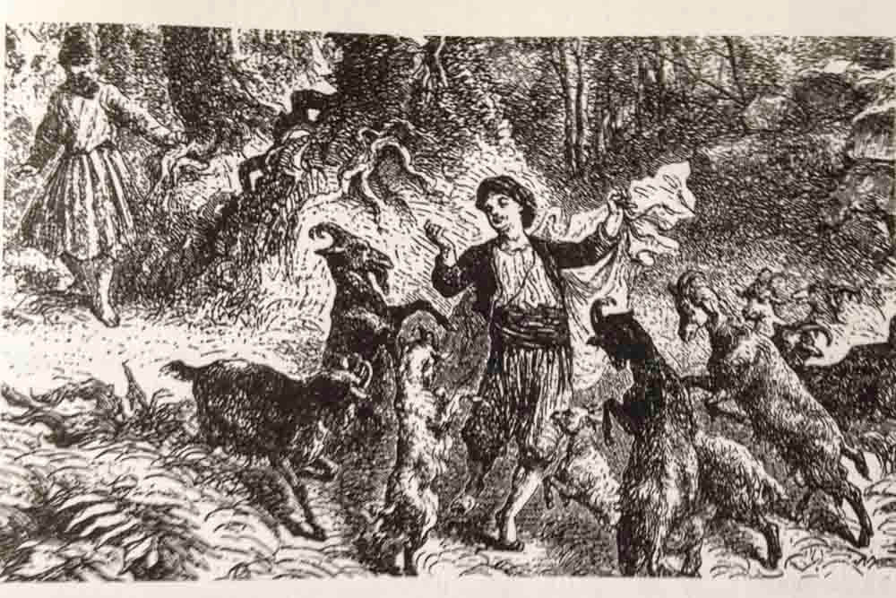 A scan of an etching showing Kaldi surrounded by dancing goats while a man approaches from the left